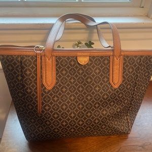 Fossil Large Sidney Tote Bag Brown Handbag Zip Diamond Brown Business.